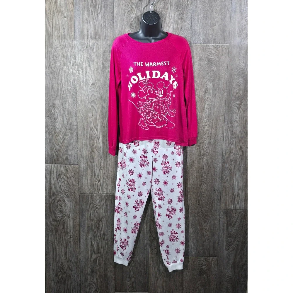 Disney Mickey Minnie Holiday Pajama Set‎ XS Rose Sangria Raglan Sleepwear - Picture 8 of 16